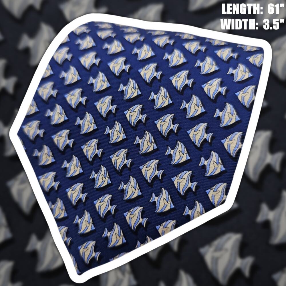 Lands' End Tie Navy Blue Angelfish Fish Novelty Silk Long Tie Marine 61"
